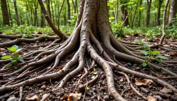 twisted roots breaking through the soft forest soil. photo