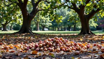 a pile of acorns scattered beneath oak trees. photo