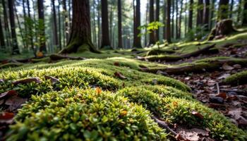a soft carpet of moss covering uneven forest ground. photo