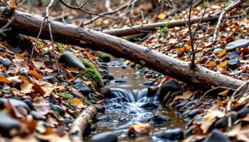 a small stream trickling beneath fallen branches. photo