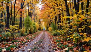 a narrow dirt trail lined with colorful autumn leaves. photo