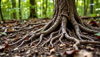 twisted roots emerging from the forest floor. photo