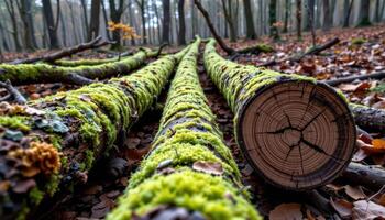 fallen logs covered in bright green moss and lichen. photo