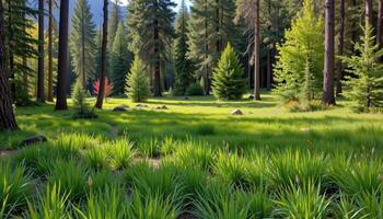a clearing in a temperate forest with soft green grass. photo