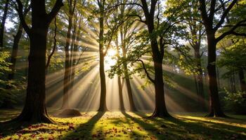early morning sunlight filtering through tall beech trees. photo