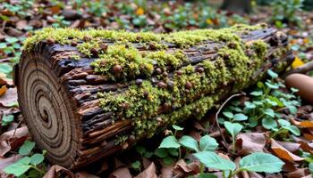 a fallen log covered in moss and fungi. photo