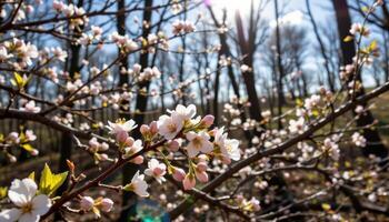 bright sunlight shining on spring blossoms in the woods. photo