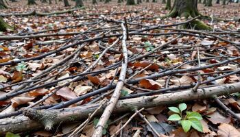 forest floor covered in layers of fallen branches. photo