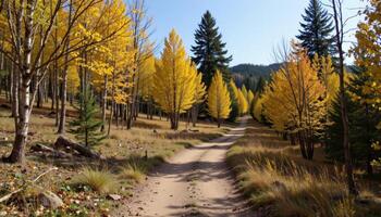 a dirt trail winding through a late summer forest. photo