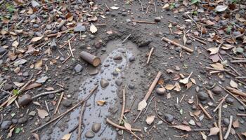 muddy forest floor scattered with fallen twigs and branches. photo