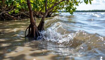 tidal current rippling beneath the mangrove roots. photo