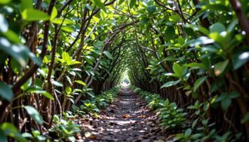 a tunnel like path through dense mangrove foliage. photo