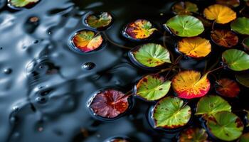 high contrast reflections of leaves on blackwater surface. photo