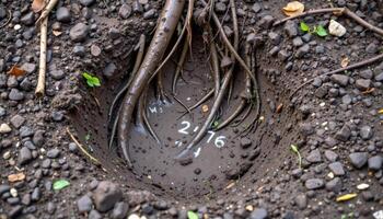 thick, peaty mud beneath a web of roots. photo
