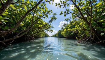 sun drenched mangrove canopy above brackish water. photo