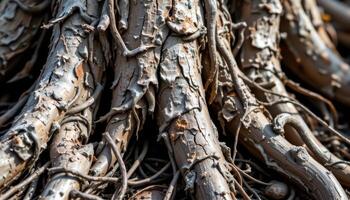 weathered bark of mangroves close up beside exposed roots. photo