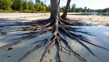 low tide revealing root systems beneath the trees. photo