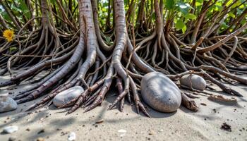 mangrove roots gripping large stones and sediment. photo