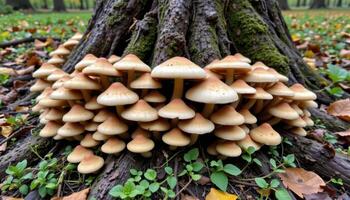 mushrooms growing in clusters around tree roots. photo