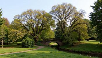 trees arching above a small woodland bridge. photo