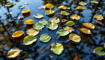 fallen mangrove leaves floating on still water. photo