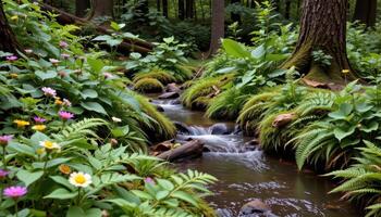 a forest stream bordered by ferns and wildflowers. photo
