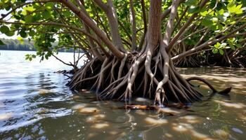 dense mangrove roots weaving above shallow tidal waters. photo