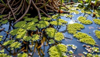 algae forming patterns on still surface between roots. photo