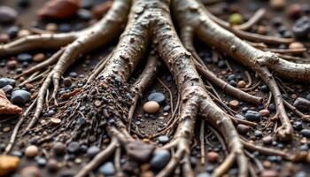 clumps of sediment trapped in the root network. photo