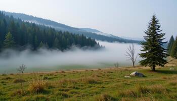 a gentle fog rolling across a forest clearing. photo