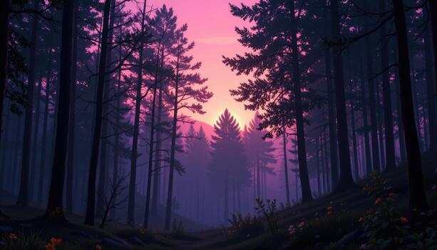 the forest glowing under soft pink twilight. photo
