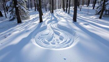 wind carving patterns in snow beneath a forest canopy. photo