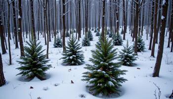 trees spaced evenly in a snowy woodland. photo