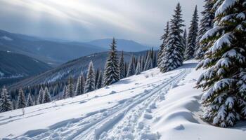 glacial wind shaping snow across forest terrain. photo