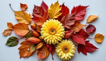 autumn leaves and chrysanthemums together in a still life. photo