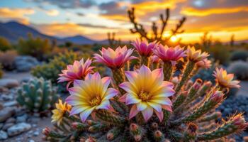 blooming cactus flowers in the desert at sunset. photo