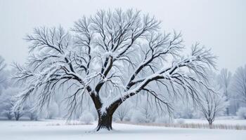 a white landscape with snow hanging from each limb. photo