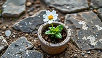 a single blooming flower in a cracked stone pot. photo