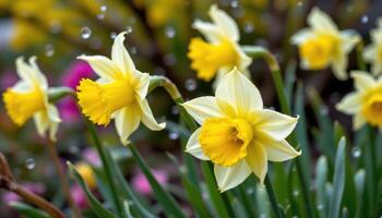 freshly bloomed daffodils under soft rain. photo