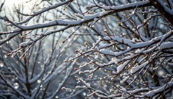 light snow falling through a canopy of bare branches. photo