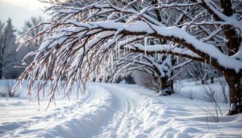 drooping branches forming icy arches over snow trails. photo
