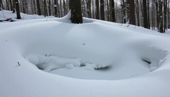 wind sculpted snowdrifts at the base of forest trees. photo