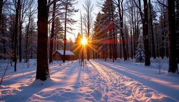 sunset casting long shadows on snowy forest ground. photo