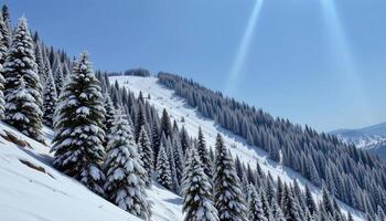a steep slope with snow covered evergreens. photo
