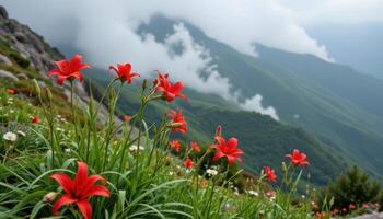 red spider lilies blooming on a misty hillside. photo