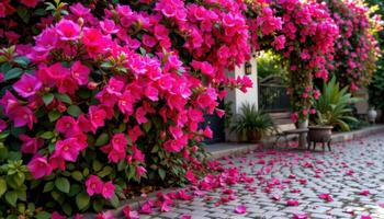fallen bougainvillea petals covering cobblestone. photo