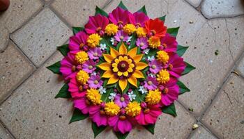 a vibrant floral mandala made of petals and leaves. photo
