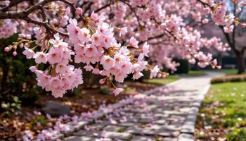 cherry blossoms falling gently onto a stone path. photo