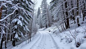 a narrow trail winding through a snow dusted forest. photo