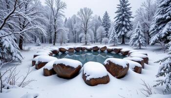 a ring of snow covered rocks beneath frosted trees. photo